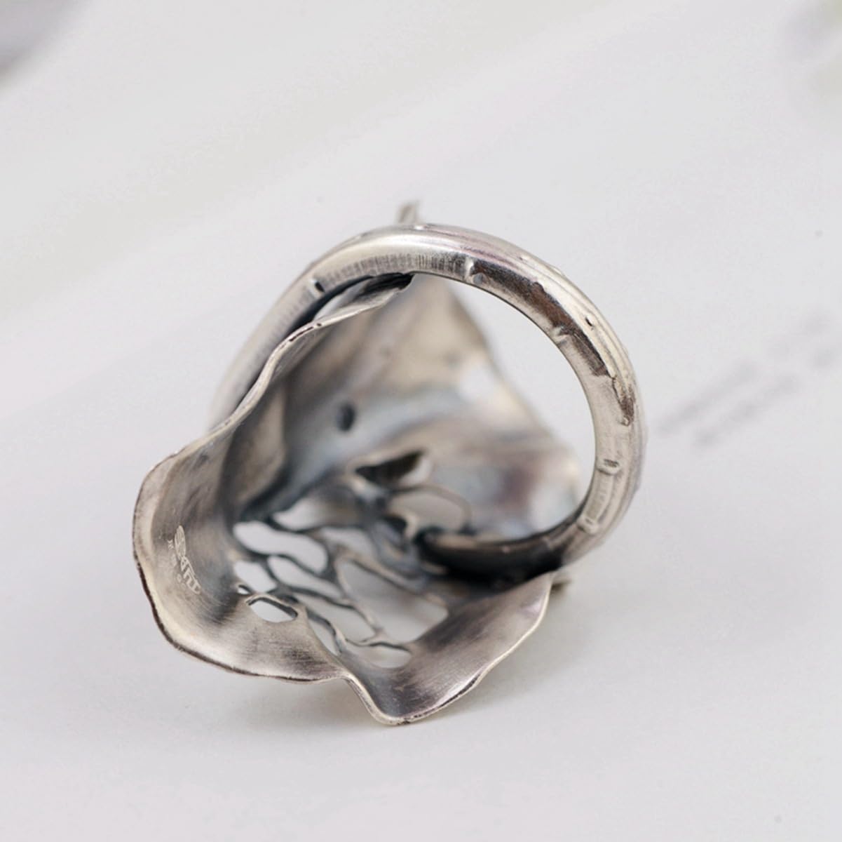 Vintage Large 990 Sterling Silver Lotus Leaf Wrap Ring with Natural Green Jade Punk Jewelry for Women Open Adjustable