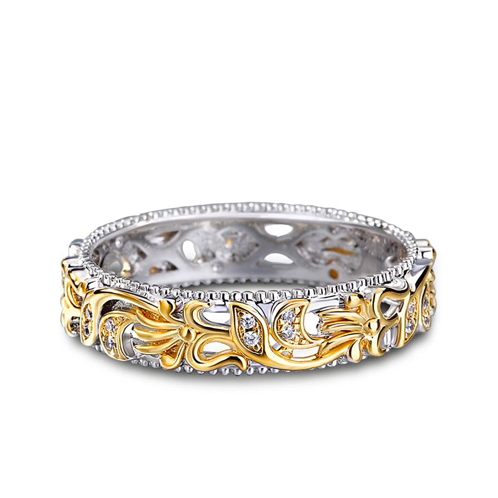 Jeulia Floral Ring Band Sterling Silver Two Tone Leaf Carved Vintage Unique Hollow Flower Rose Gold Jewelry Engagement Wedding Bridal Sets Stackable Anniversary Promise with Gift Box