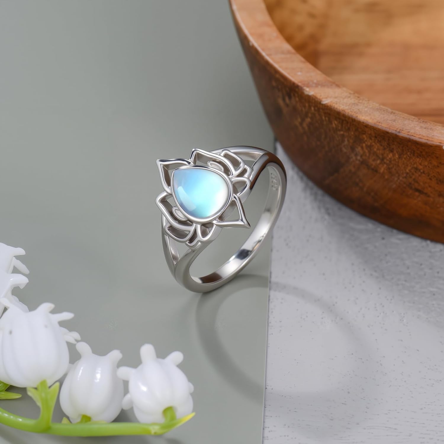 Moonstone Lotus Rings for Women 925 Sterling Silver Lotus Flower Ring Yoga Spiritual Protection Jewelry for Women Lotus Gifts