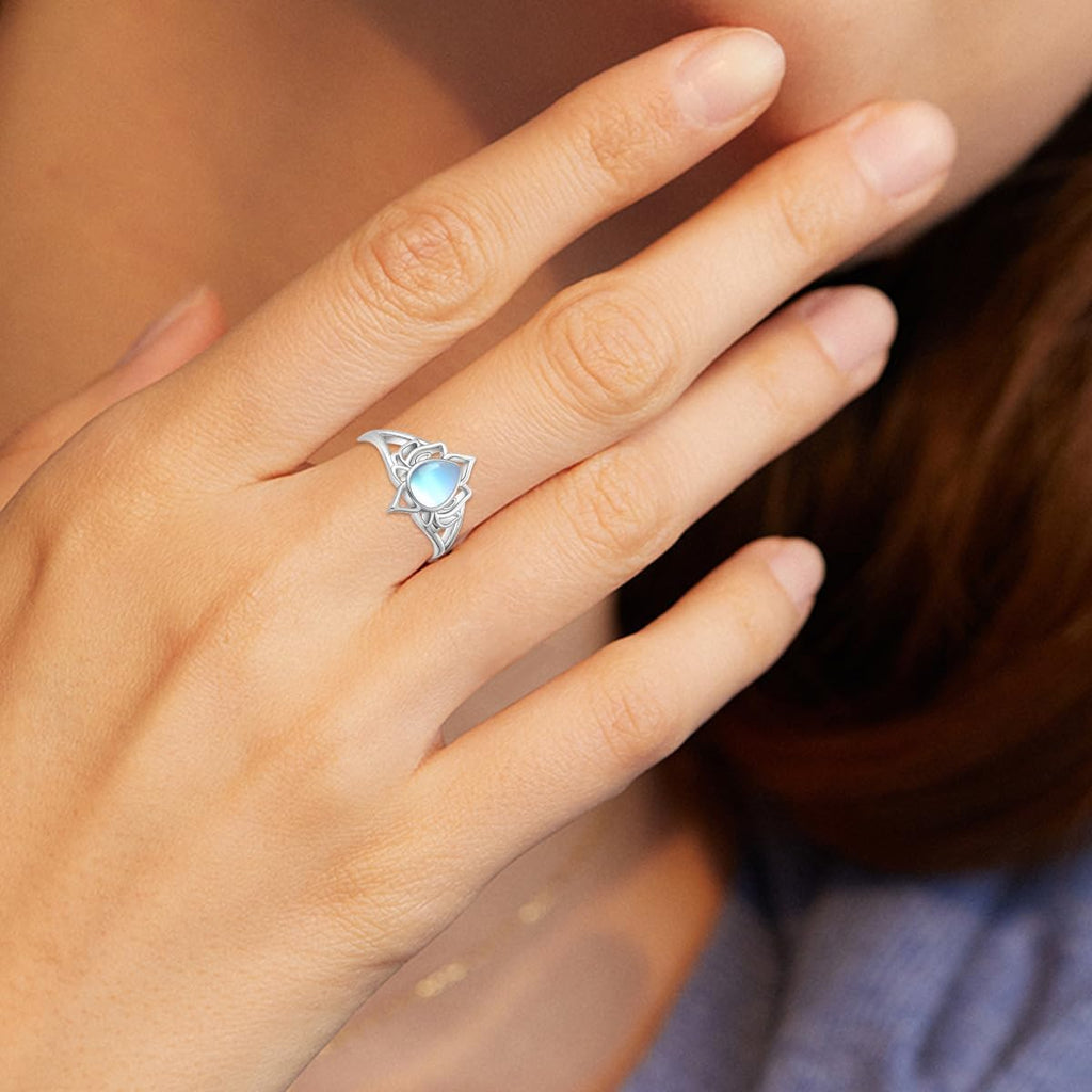 Moonstone Lotus Rings for Women 925 Sterling Silver Lotus Flower Ring Yoga Spiritual Protection Jewelry for Women Lotus Gifts