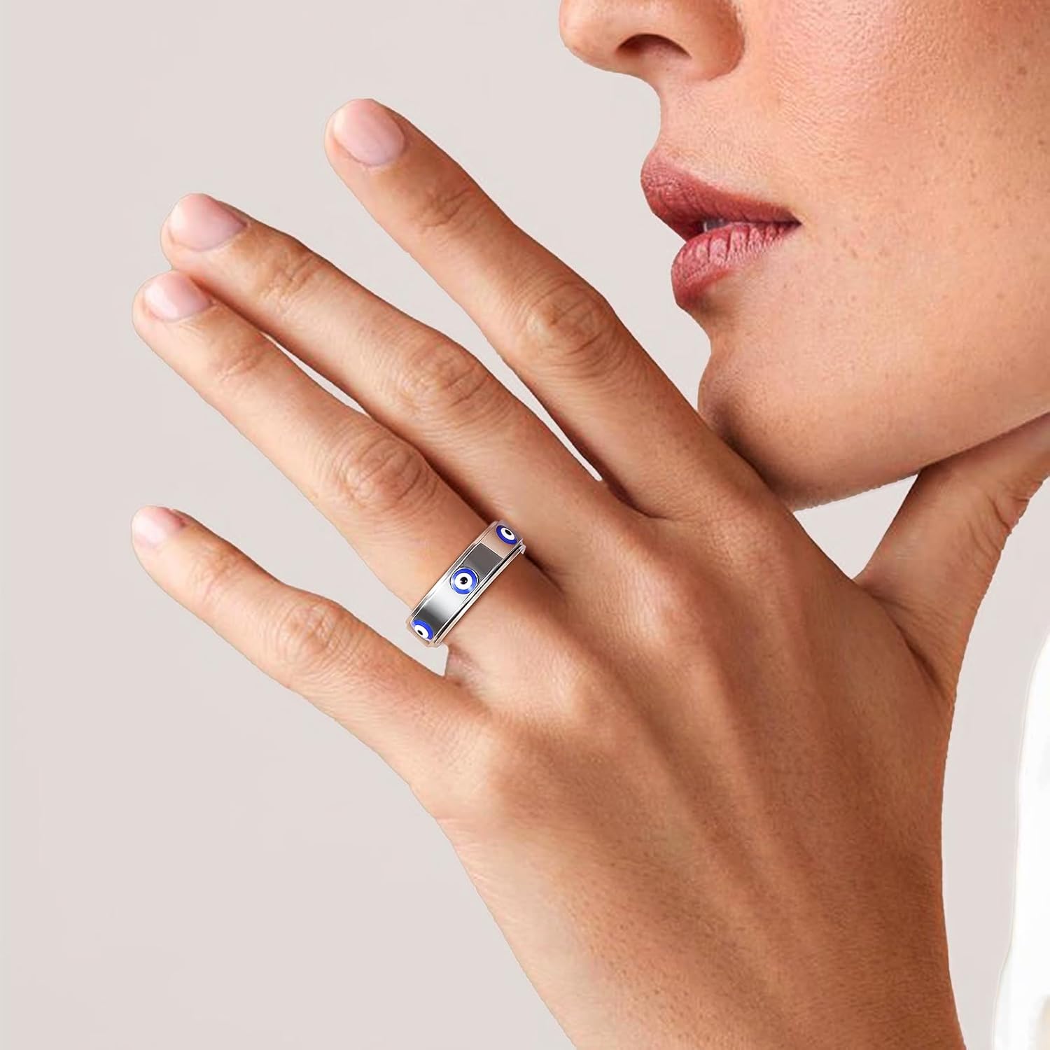 Evil Eye Fidget Ring for Women - 18K Gold Plated Stainless Steel Spinner Rings for Anxiety Relief, Ojo Turco Ring Luck Amulet, Turkish Faith Protection Stackable Jewelry Gift for Women Men