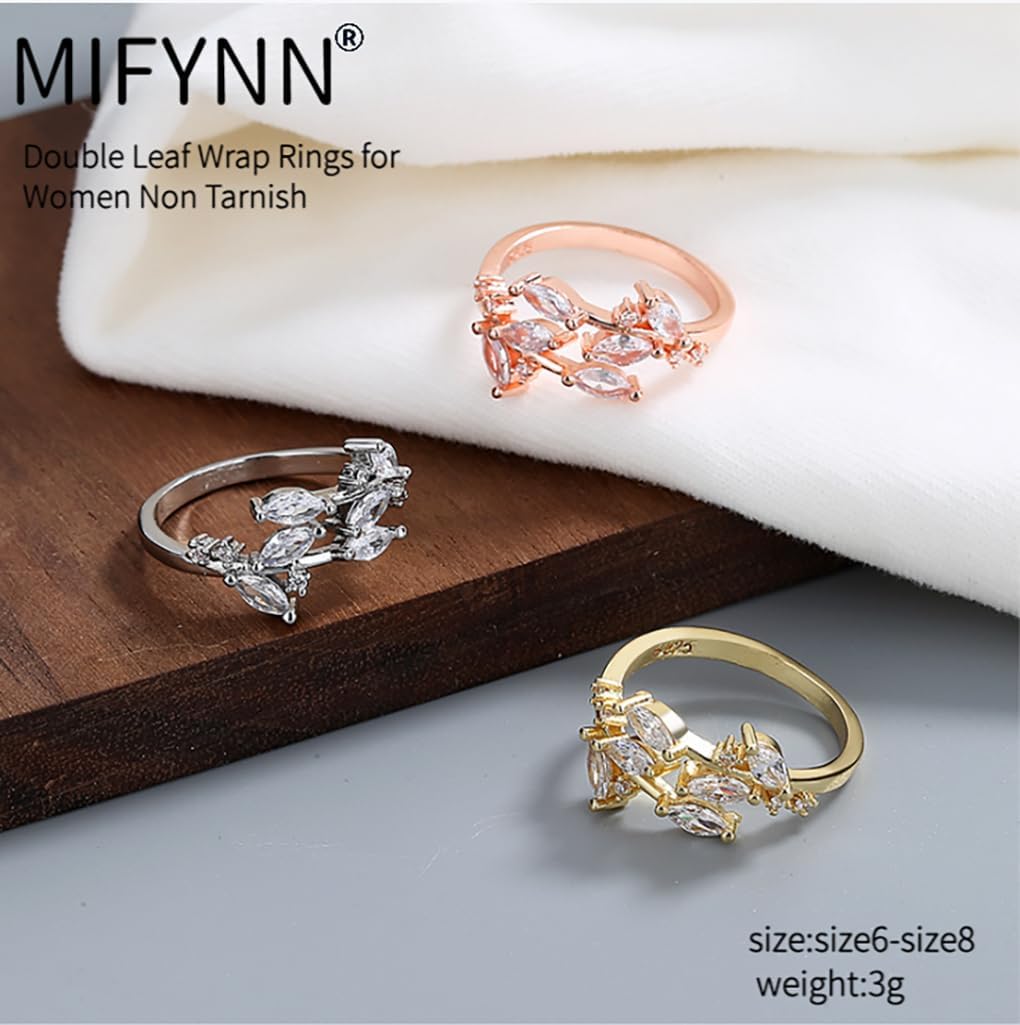 MIFYNN Double Leaf Wrap Rings for Women Dainty Zircon Rings Adjustable Hypoallergenic
