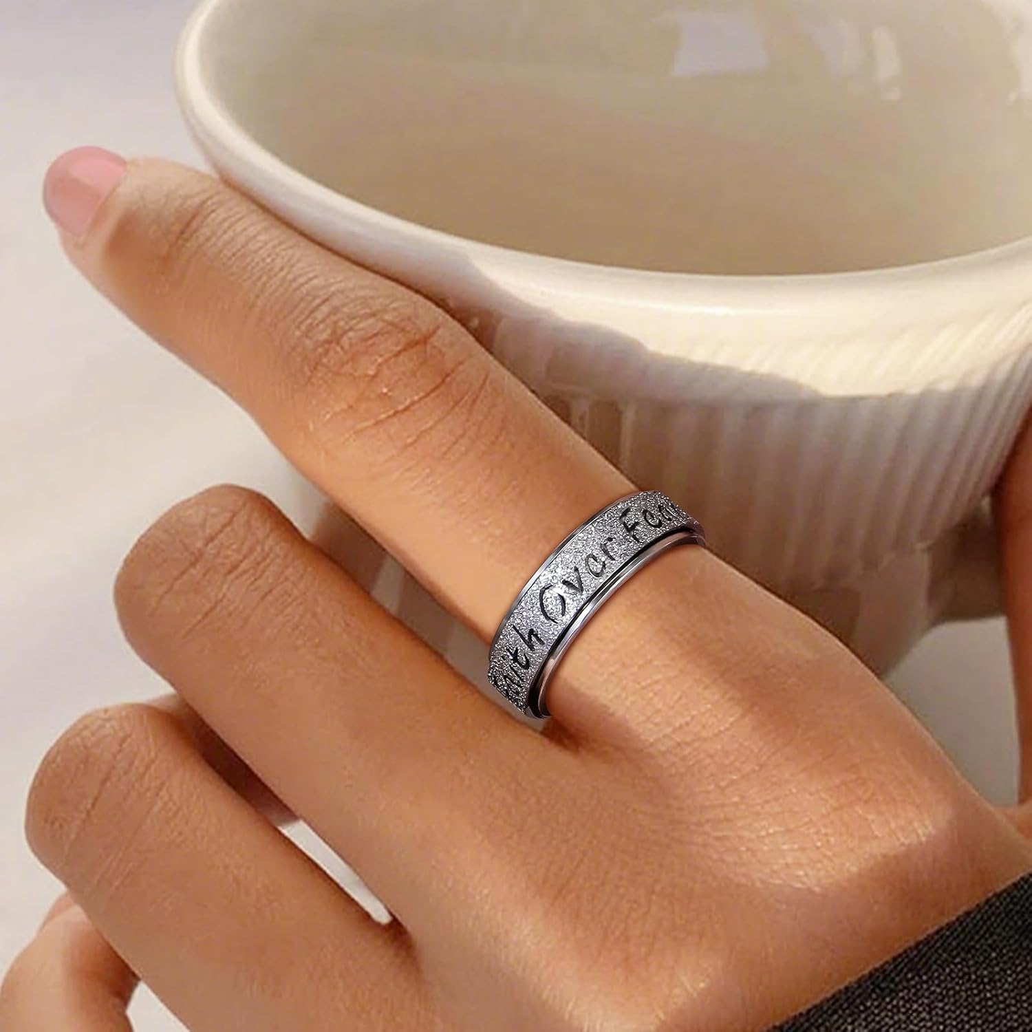 Fidget Spinner Ring for Women - Faith Over Fear Stainless Steel Anxiety Relief Rings for Adults, Christian Inspirational Hope Thumb Ring for Stress & Focus, Jewelry Gift for Women Men