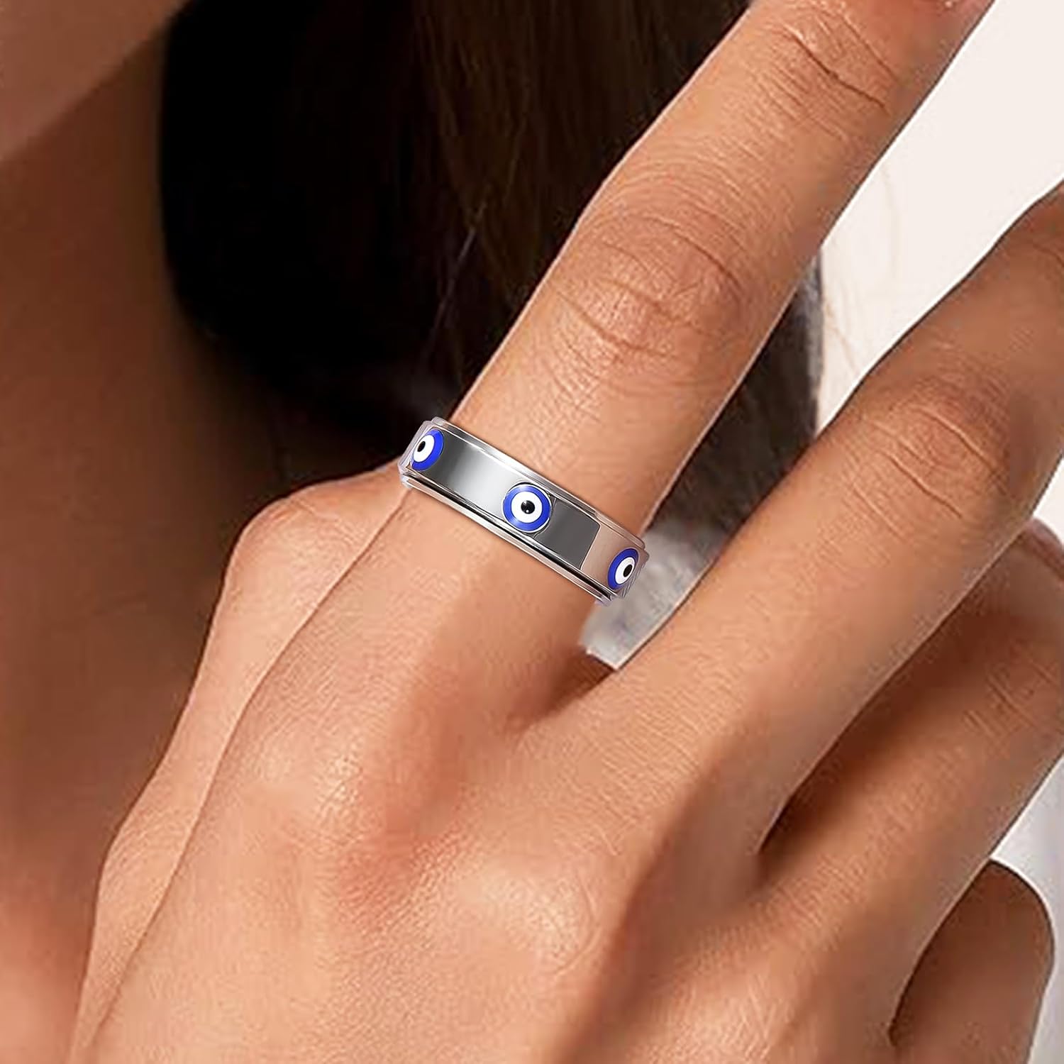 Evil Eye Fidget Ring for Women - 18K Gold Plated Stainless Steel Spinner Rings for Anxiety Relief, Ojo Turco Ring Luck Amulet, Turkish Faith Protection Stackable Jewelry Gift for Women Men