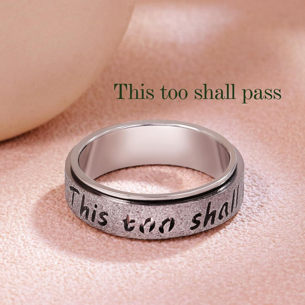 Fidget Spinner Ring for Women - THIS TOO SHALL PASS Stainless Steel 18K Gold Plated Anxiety Rotating Inspirational Ring for Stress Relief, Thumb Hope Rings Jewelry Gift for Women Men