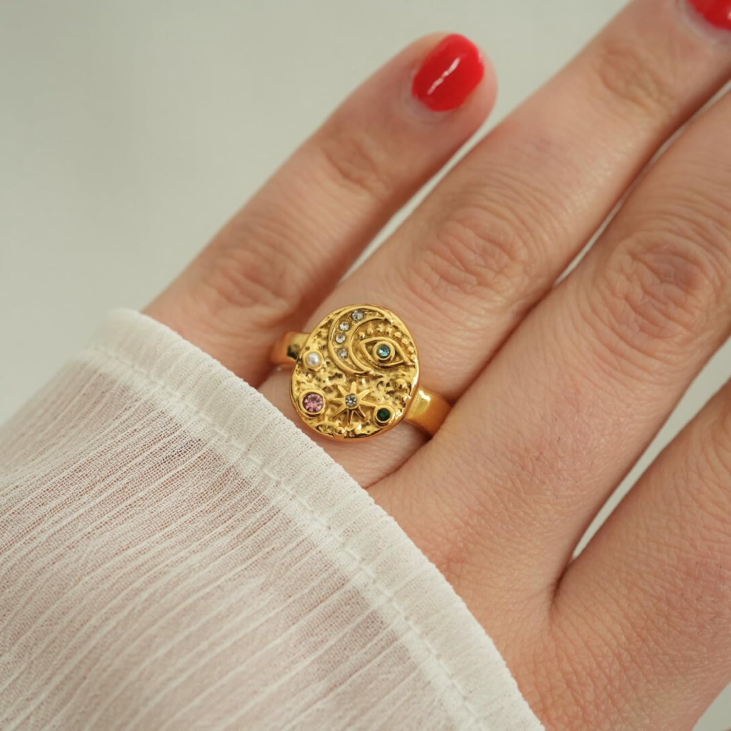 Moon Star Evil Eye Ring for Women - 18K Gold Plated Stainless Steel Celestial Statement Ring - Waterproof, Hypoallergenic & Anti-Tarnish Mystic Jewelry - Zodiac Spiritual Gift
