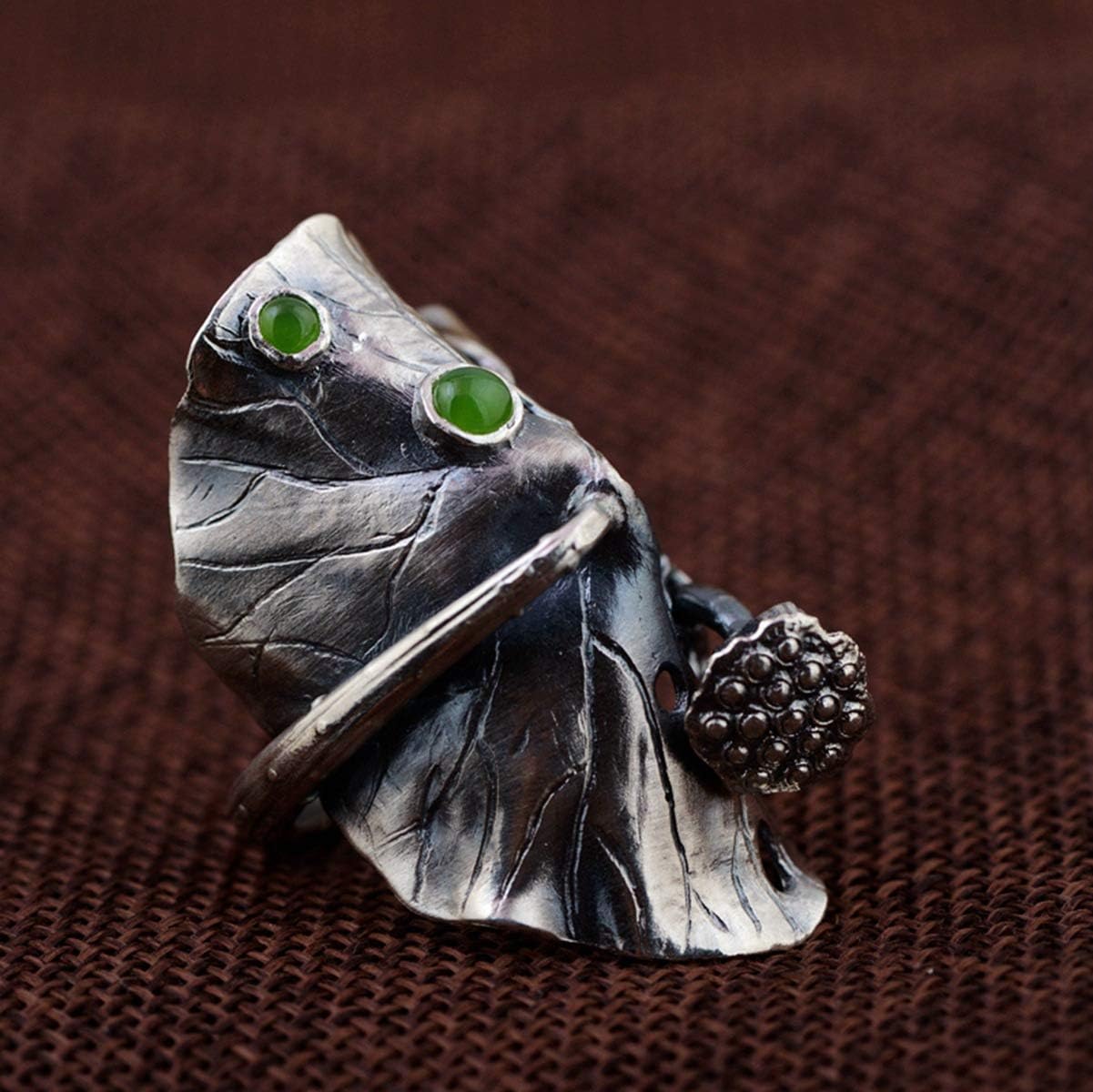 Vintage Large 990 Sterling Silver Lotus Leaf Wrap Ring with Natural Green Jade Punk Jewelry for Women Open Adjustable