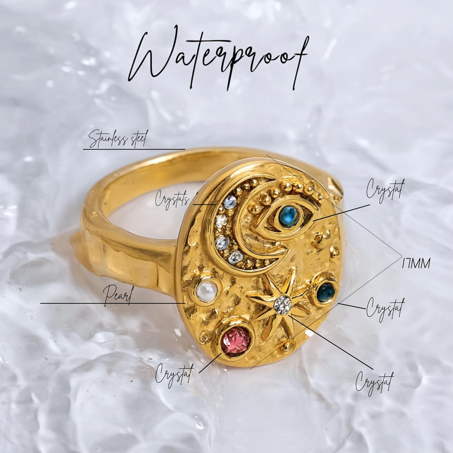 Moon Star Evil Eye Ring for Women - 18K Gold Plated Stainless Steel Celestial Statement Ring - Waterproof, Hypoallergenic & Anti-Tarnish Mystic Jewelry - Zodiac Spiritual Gift