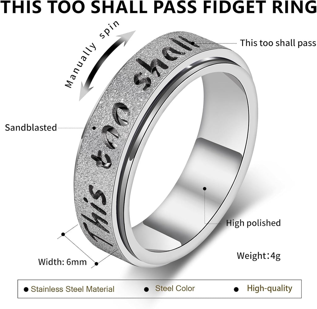 Fidget Spinner Ring for Women - THIS TOO SHALL PASS Stainless Steel 18K Gold Plated Anxiety Rotating Inspirational Ring for Stress Relief, Thumb Hope Rings Jewelry Gift for Women Men