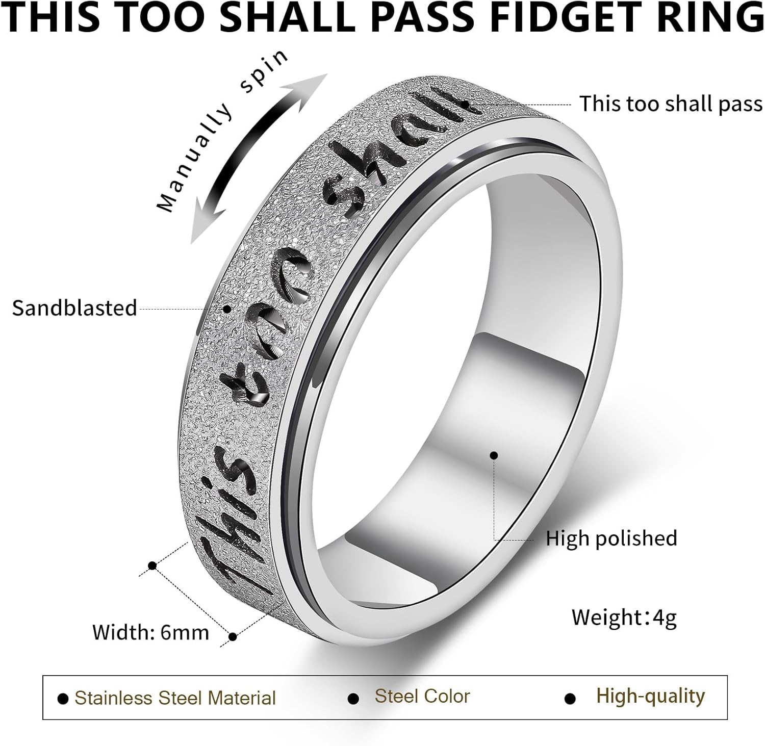 Fidget Spinner Ring for Women - THIS TOO SHALL PASS Stainless Steel 18K Gold Plated Anxiety Rotating Inspirational Ring for Stress Relief, Thumb Hope Rings Jewelry Gift for Women Men