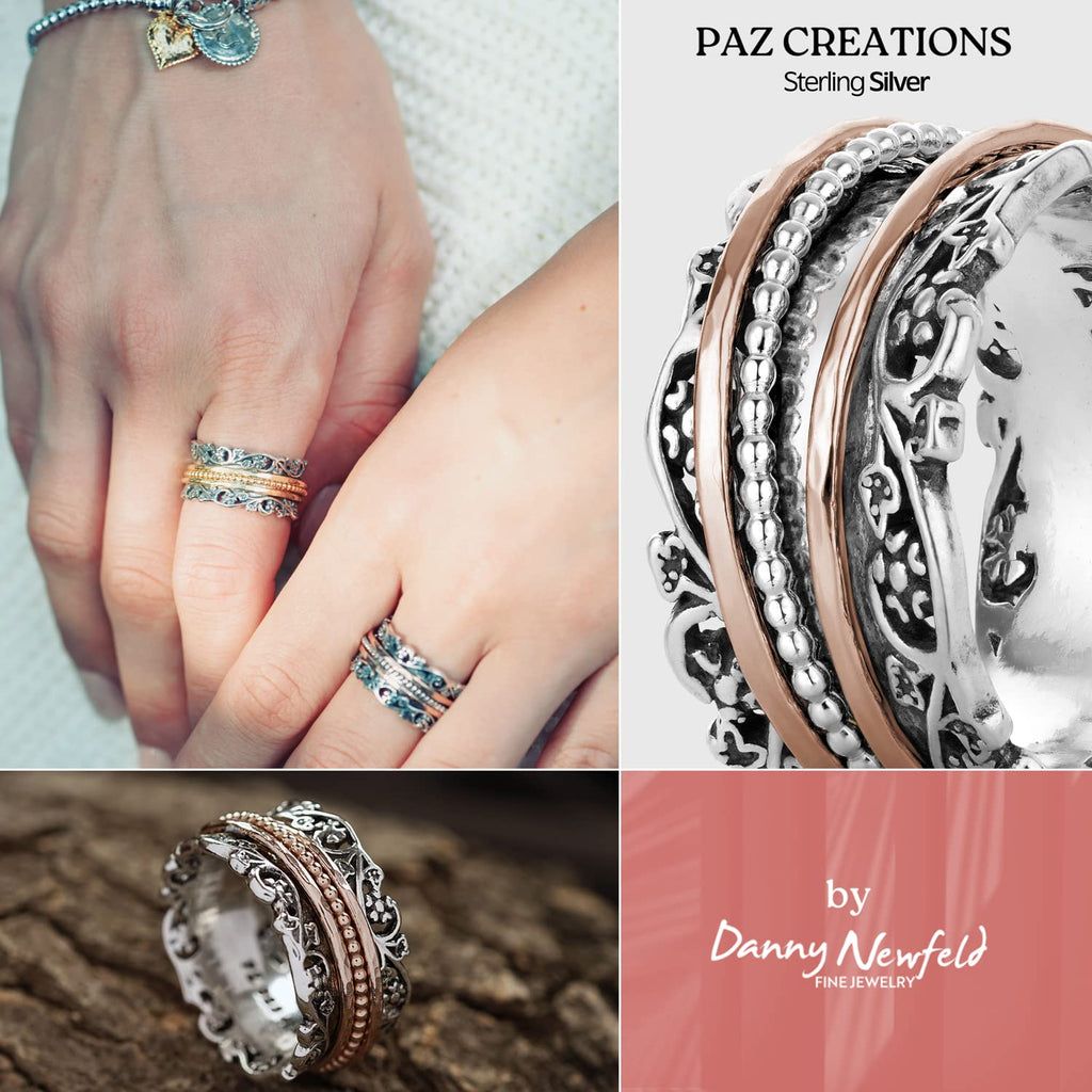 Paz Creations 925 Sterling Silver Spinner Ring for Woman, Anxiety Fidget Rings Hand Crafted, Vintage Style, with 1 Year Warranty
