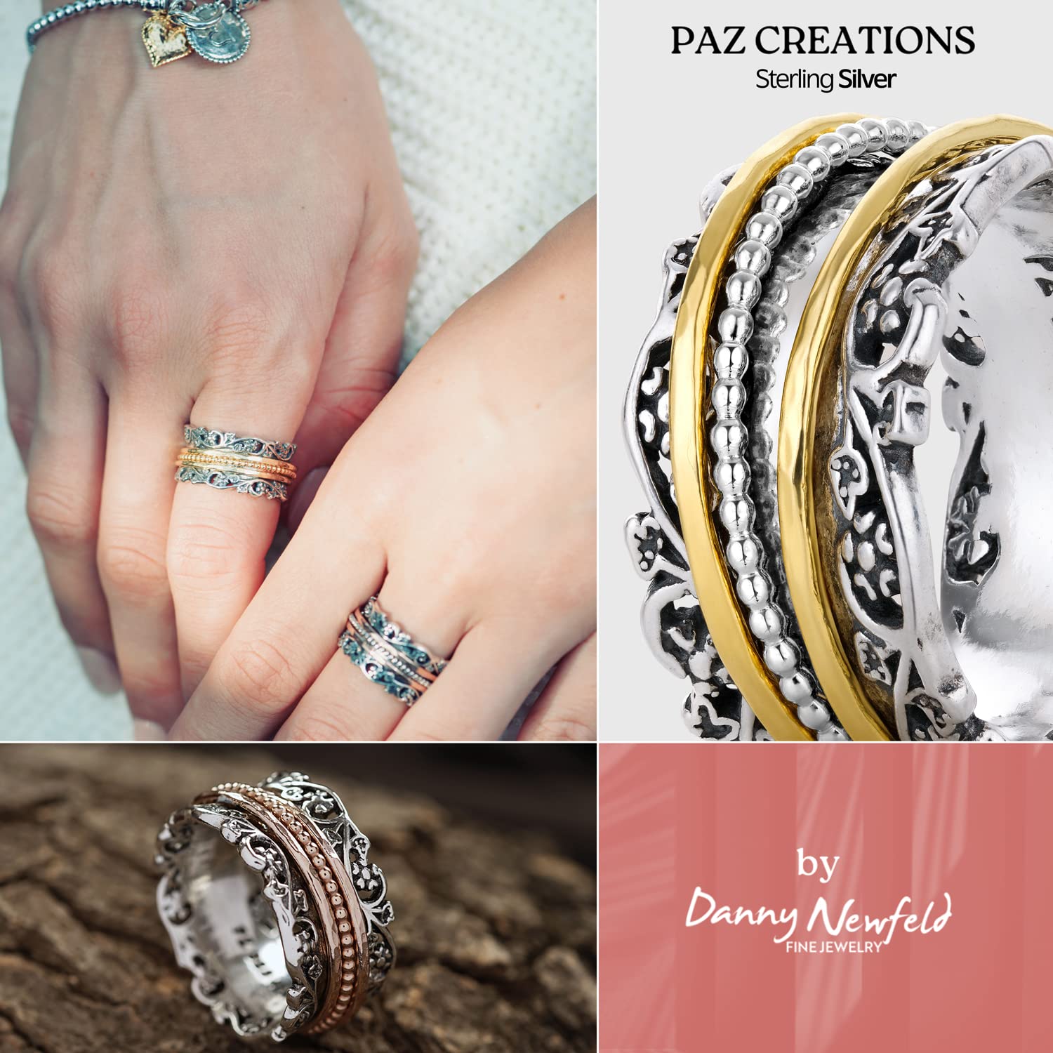 Paz Creations 925 Sterling Silver Spinner Ring for Woman, Anxiety Fidget Rings Hand Crafted, Vintage Style, with 1 Year Warranty