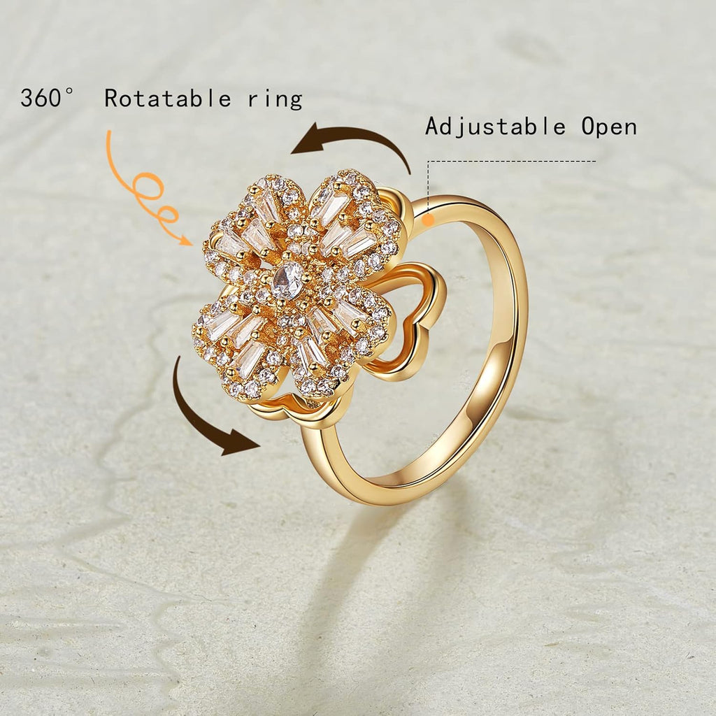 Ornaland Fidget Spinner Rings Adjustable Open Four Leaf Clover Ring Gold Cubic Zirconia Ring, Rotatable Cuff Pinwheel Ring for Women, 16.3mm