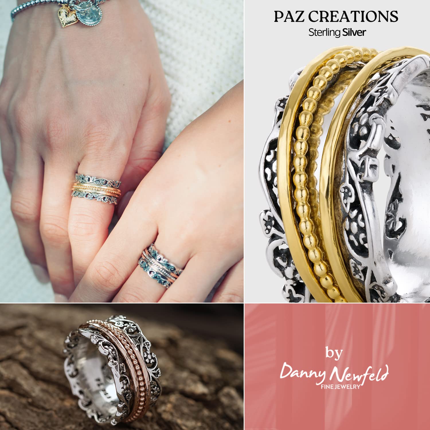 Paz Creations 925 Sterling Silver Spinner Ring for Woman, Anxiety Fidget Rings Hand Crafted, Vintage Style, with 1 Year Warranty