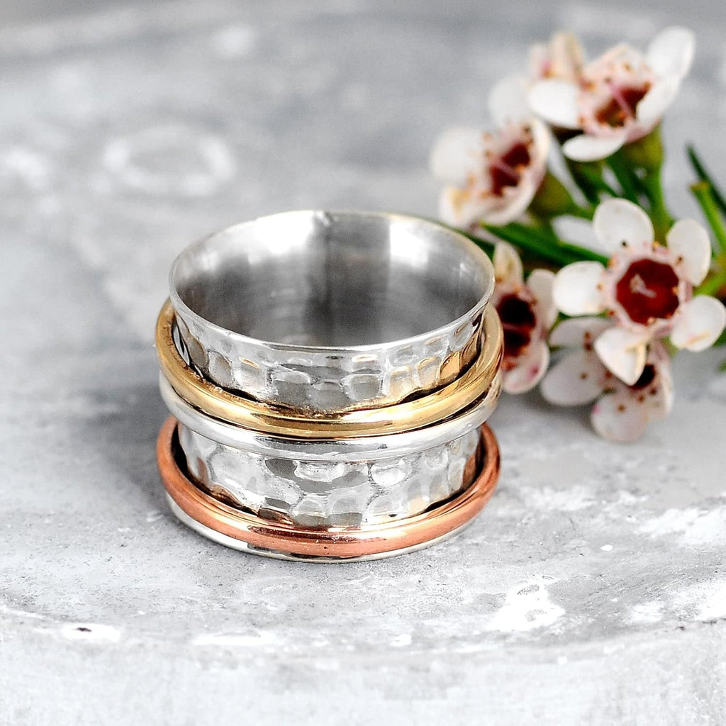 Boho-Magic 925 Sterling Silver Spinner Ring for Women with Larimar Gemstone – Wide Band Statement Ring with Copper and Brass Spinning Bands – Unique Handmade Silver Ring for Style and Calm