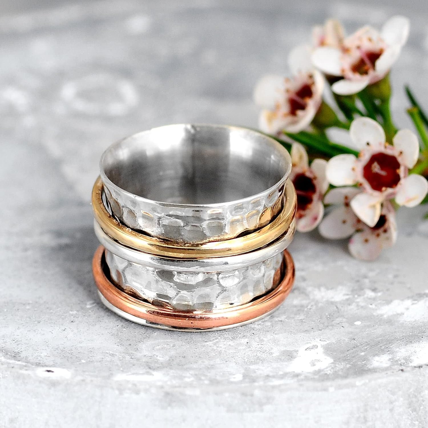 Boho-Magic 925 Sterling Silver Spinner Ring for Women with Larimar Gemstone – Wide Band Statement Ring with Copper and Brass Spinning Bands – Unique Handmade Silver Ring for Style and Calm
