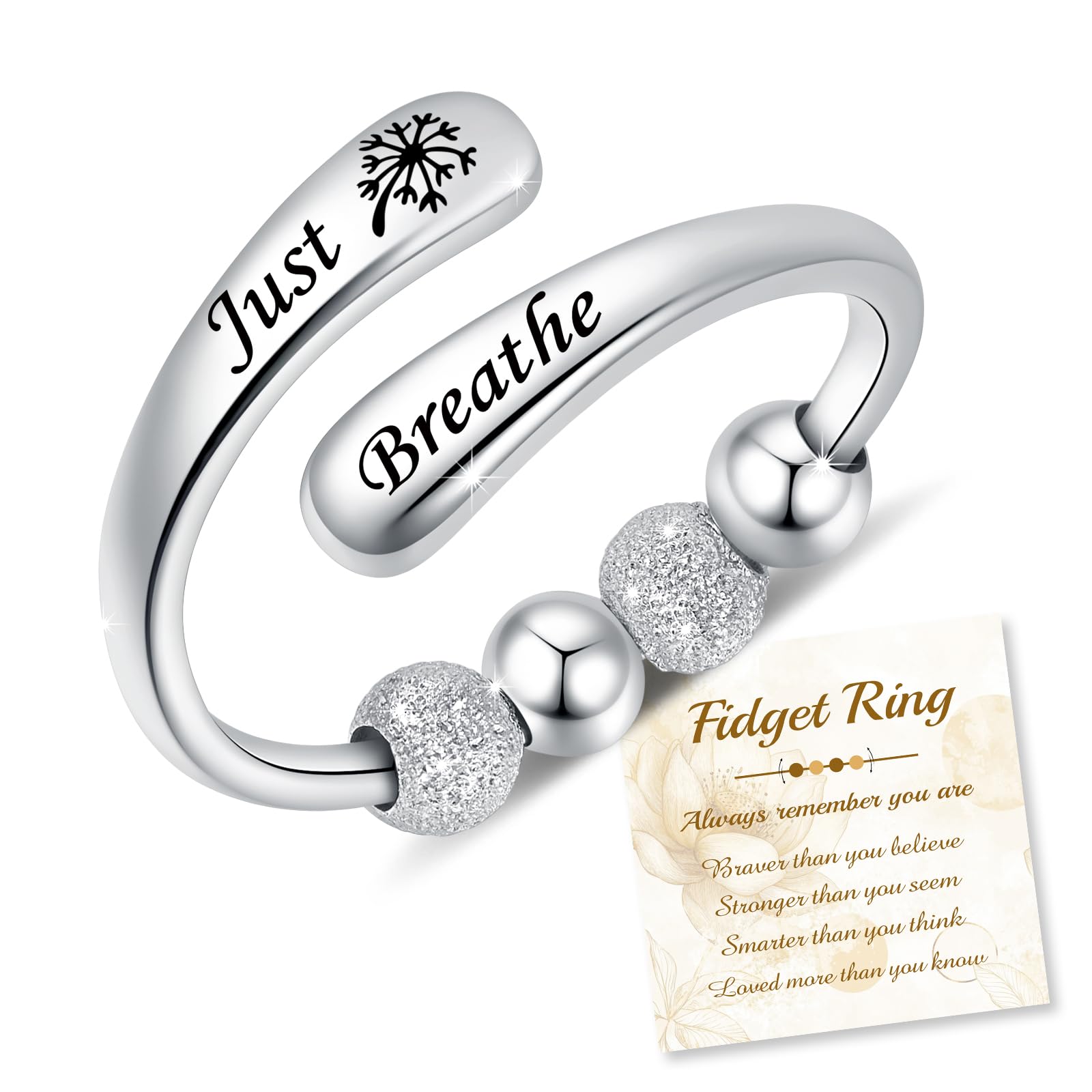 Just Breathe Rings Anxiety Rings for Women 925 Sterling Silver Adjustable Fidget Rings Anti-Anxiety Jewelry Gift