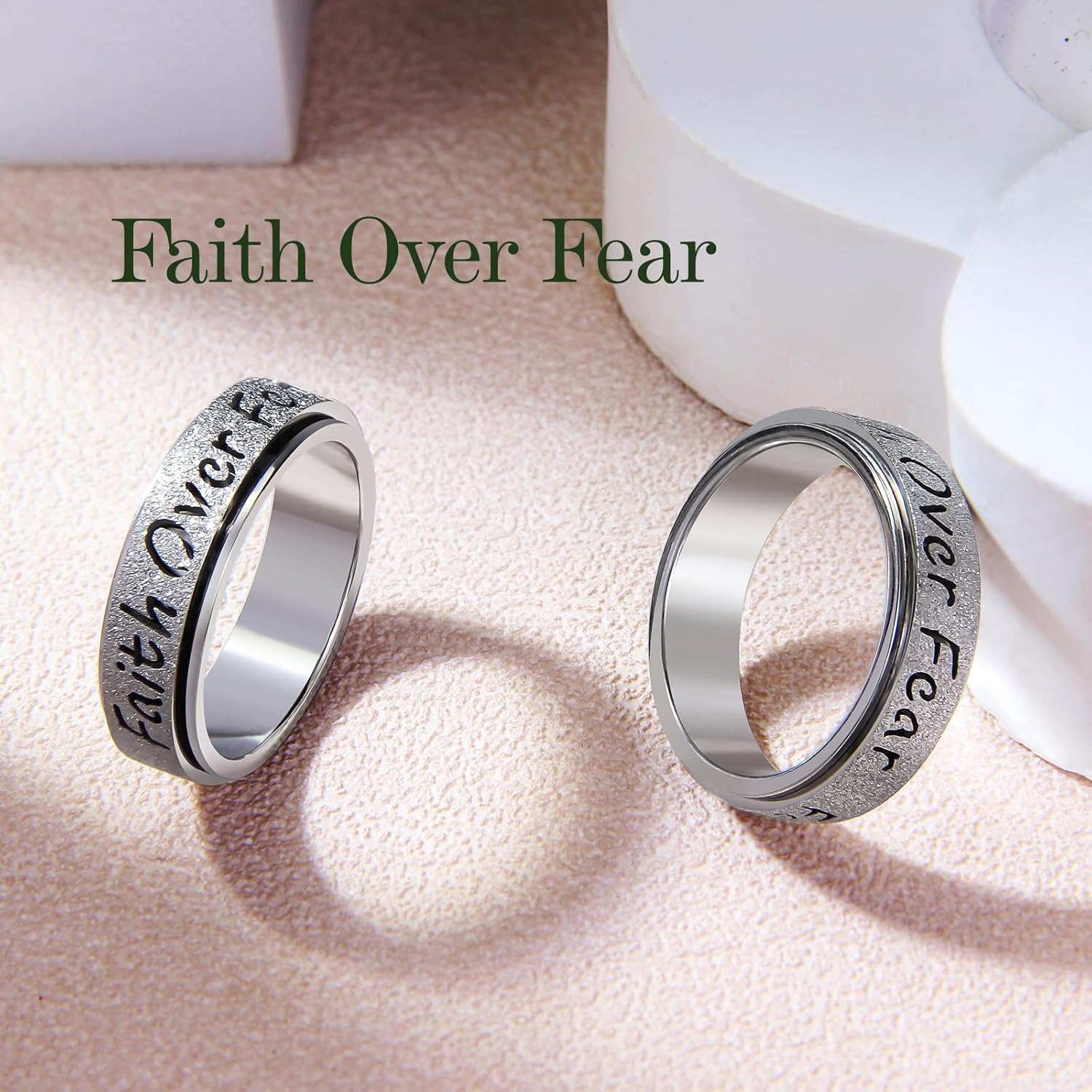 Fidget Spinner Ring for Women - Faith Over Fear Stainless Steel Anxiety Relief Rings for Adults, Christian Inspirational Hope Thumb Ring for Stress & Focus, Jewelry Gift for Women Men