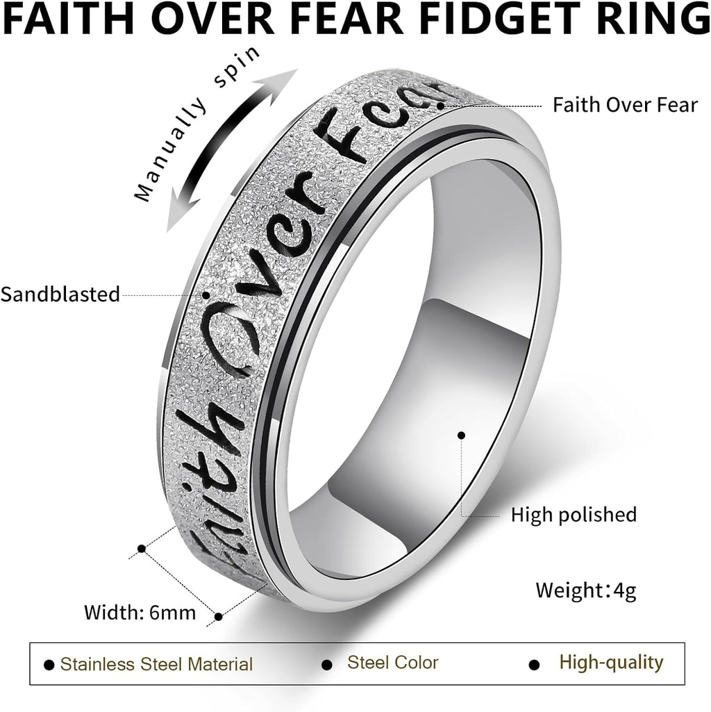 Fidget Spinner Ring for Women - Faith Over Fear Stainless Steel Anxiety Relief Rings for Adults, Christian Inspirational Hope Thumb Ring for Stress & Focus, Jewelry Gift for Women Men