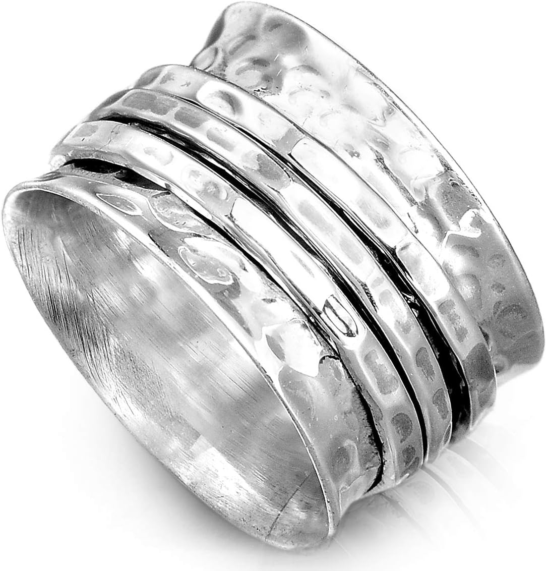 Boho-Magic Sterling Silver Fidget Rings for Women – 925 Spinner Ring with 3 Fidget – Hammered Sterling Silver Spinner Ring for Women – for Style, Relaxation & Focus