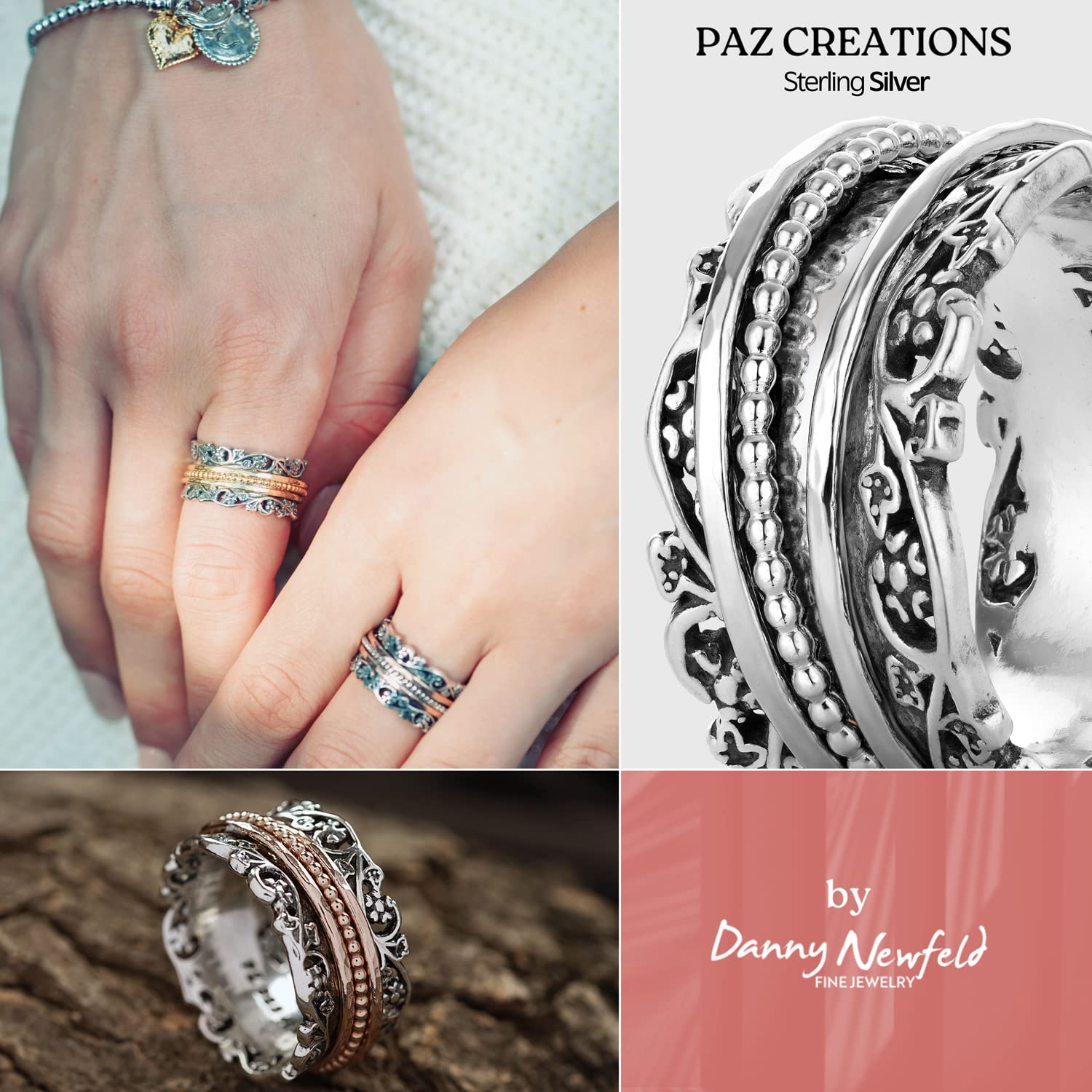 Paz Creations 925 Sterling Silver Spinner Ring for Woman, Anxiety Fidget Rings Hand Crafted, Vintage Style, with 1 Year Warranty