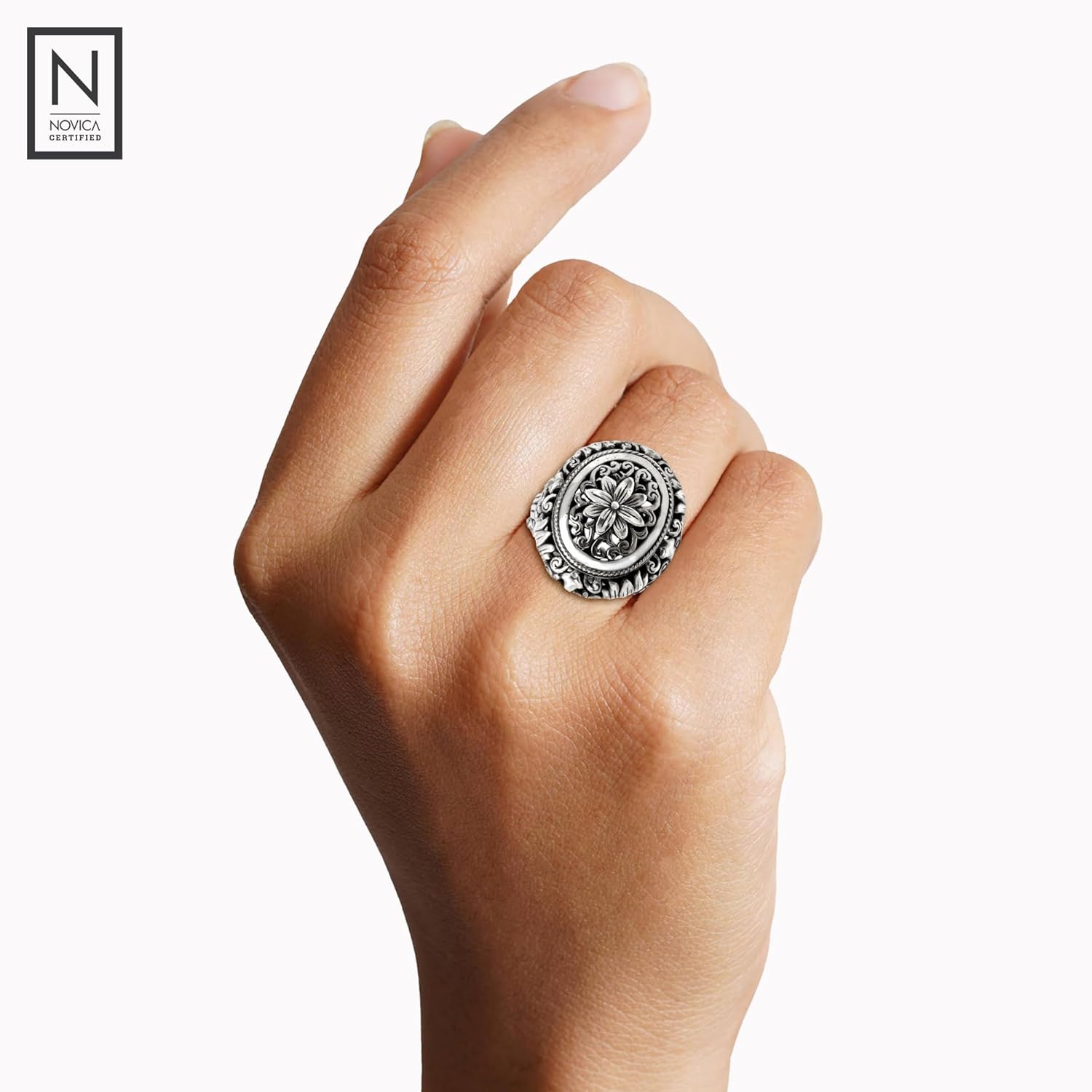 NOVICA Artisan Handmade .925 Sterling Silver Flower Ring Floral Cocktail Indonesia 'Precious Lotus'