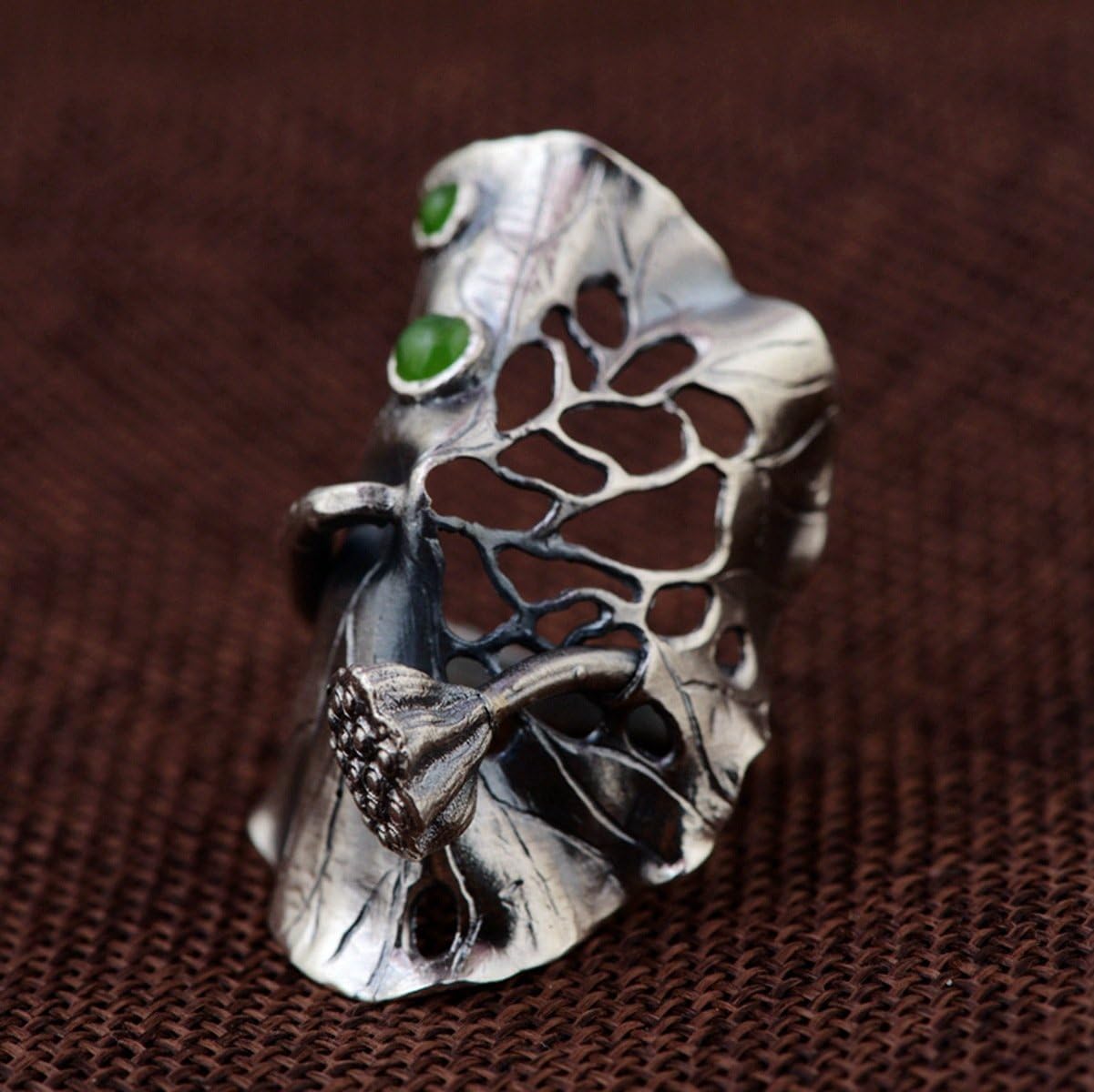 Vintage Large 990 Sterling Silver Lotus Leaf Wrap Ring with Natural Green Jade Punk Jewelry for Women Open Adjustable