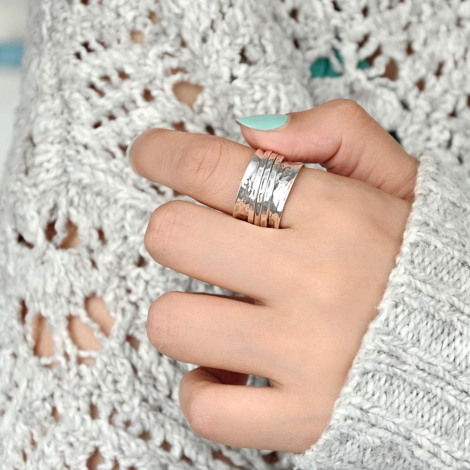 Boho-Magic Sterling Silver Fidget Rings for Women – 925 Spinner Ring with 3 Fidget – Hammered Sterling Silver Spinner Ring for Women – for Style, Relaxation & Focus