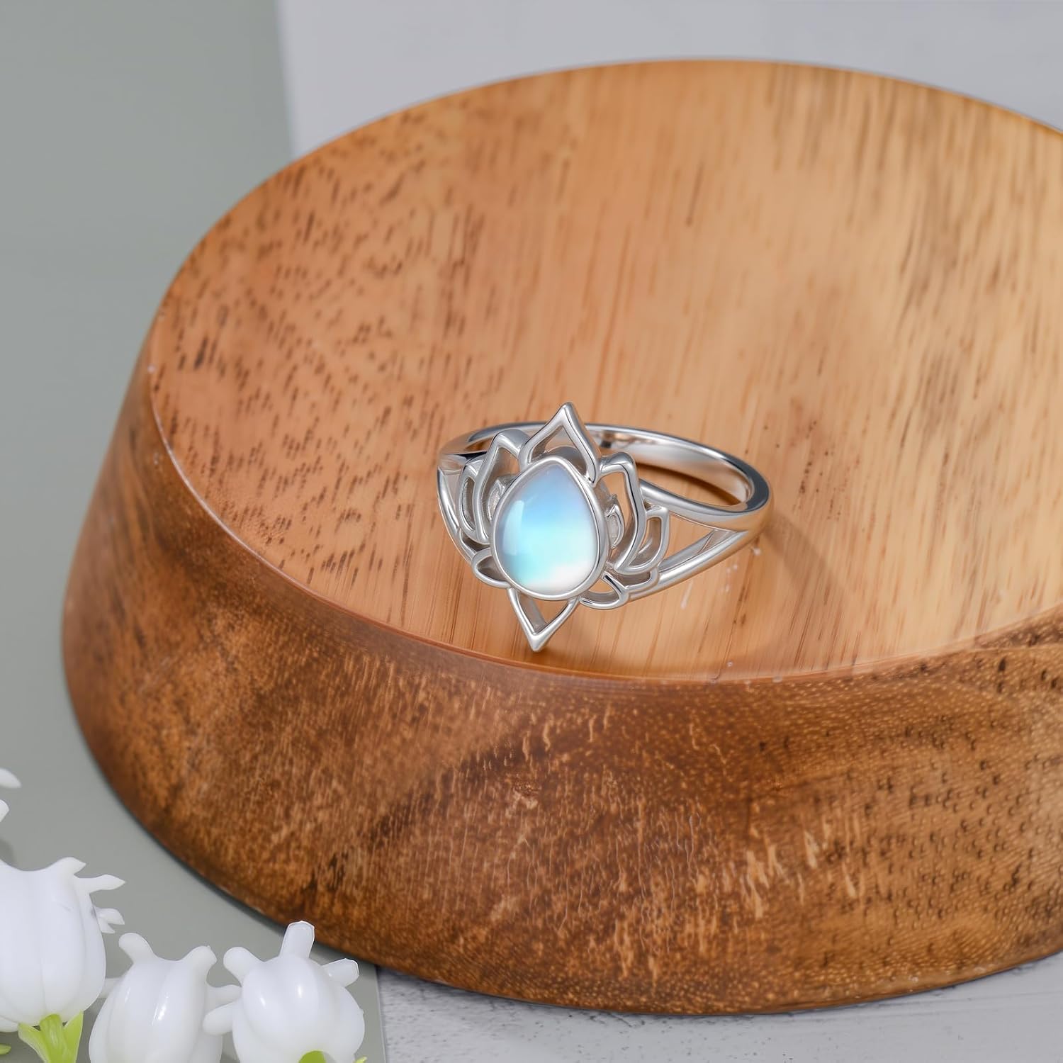 Moonstone Lotus Rings for Women 925 Sterling Silver Lotus Flower Ring Yoga Spiritual Protection Jewelry for Women Lotus Gifts
