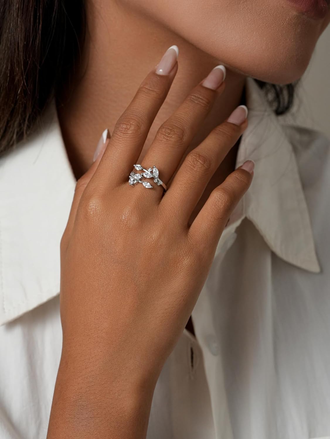 MIFYNN Double Leaf Wrap Rings for Women Dainty Zircon Rings Adjustable Hypoallergenic