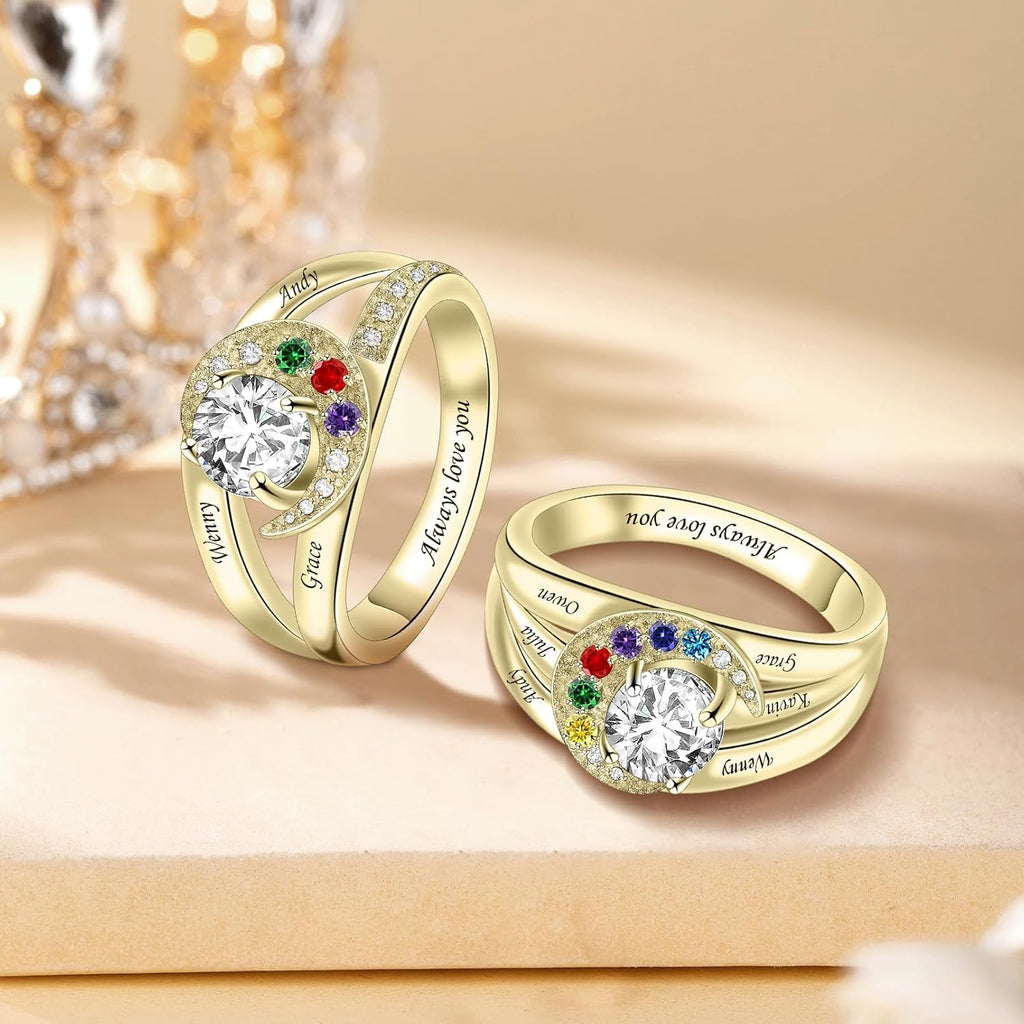 Sterling Silver Ring Personalized Mother Ring Birthstone Ring for Women with Name Customized 925 Silver Rings Mother's Day Gift for Mom