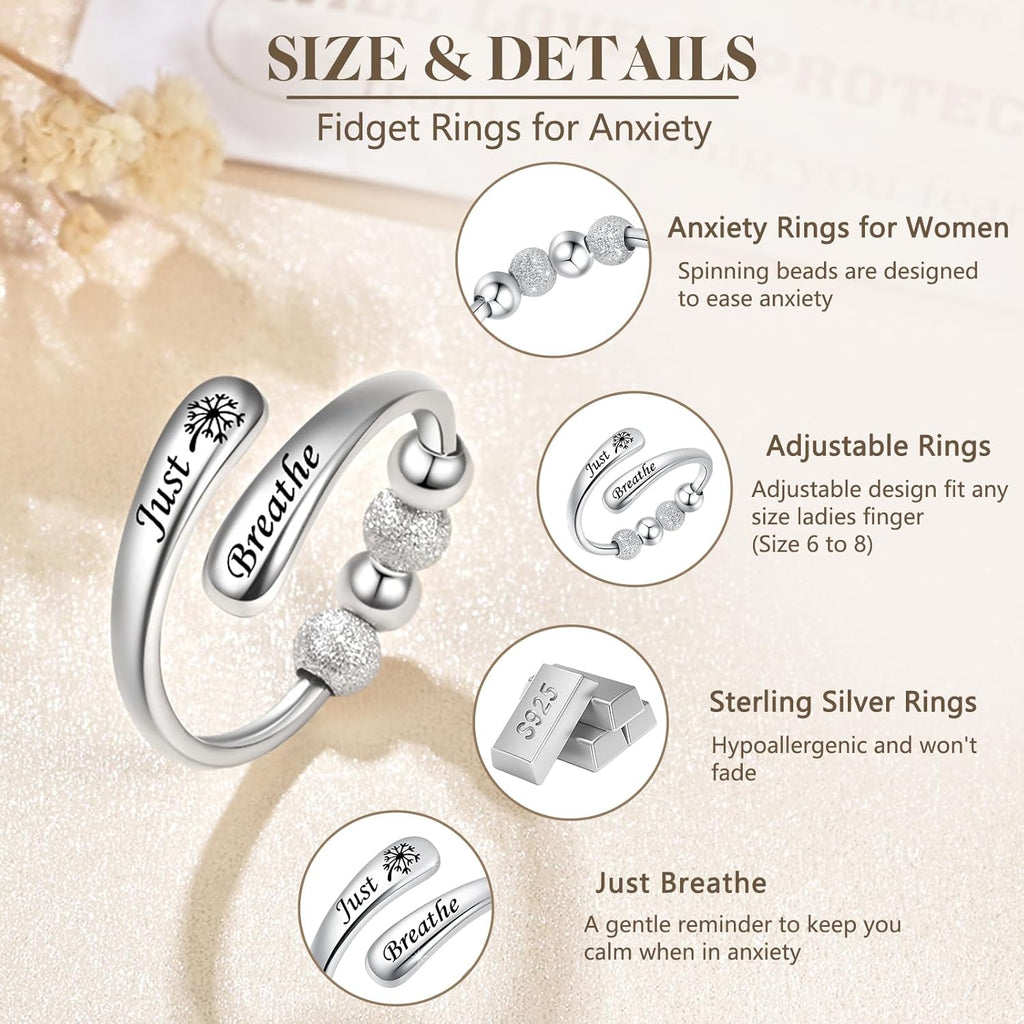 Just Breathe Rings Anxiety Rings for Women 925 Sterling Silver Adjustable Fidget Rings Anti-Anxiety Jewelry Gift