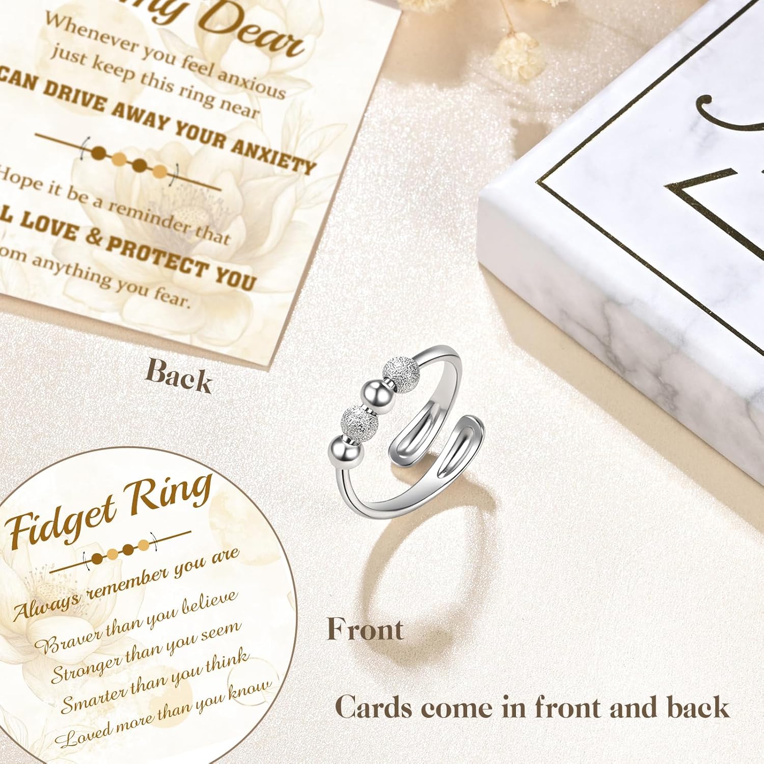 Just Breathe Rings Anxiety Rings for Women 925 Sterling Silver Adjustable Fidget Rings Anti-Anxiety Jewelry Gift